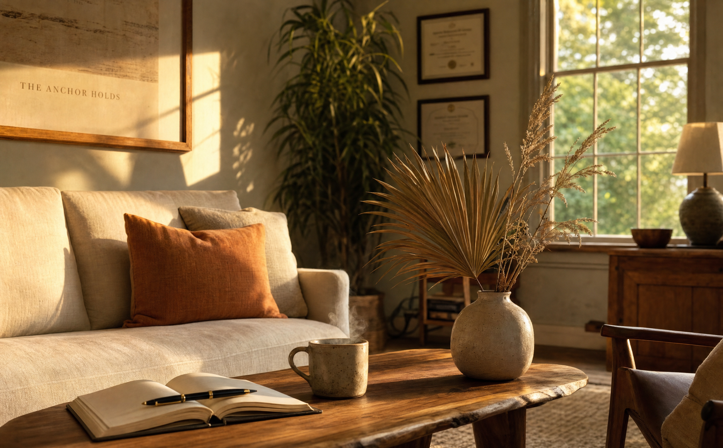 Quiet therapy room interior with warm afternoon light